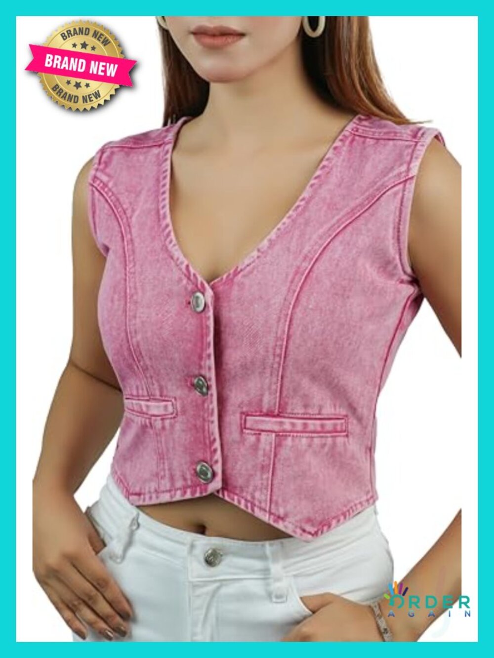 Cropped Denim Vest - Sleeveless V Neck Button Down Jean Jacket Top